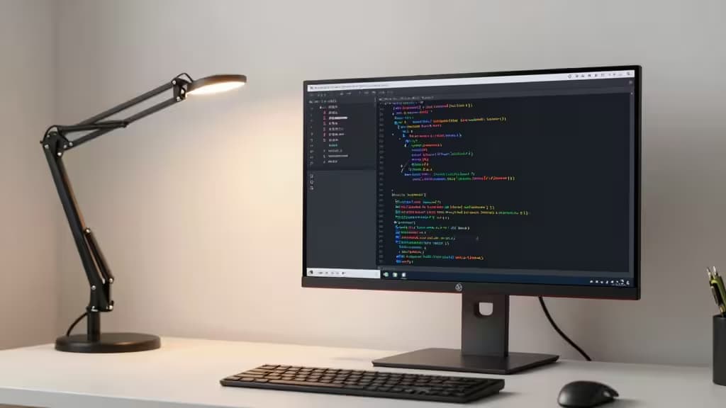 A sleek black monitor displays colorful code on a minimalist white desk, flanked by an articulated lamp and keyboard.