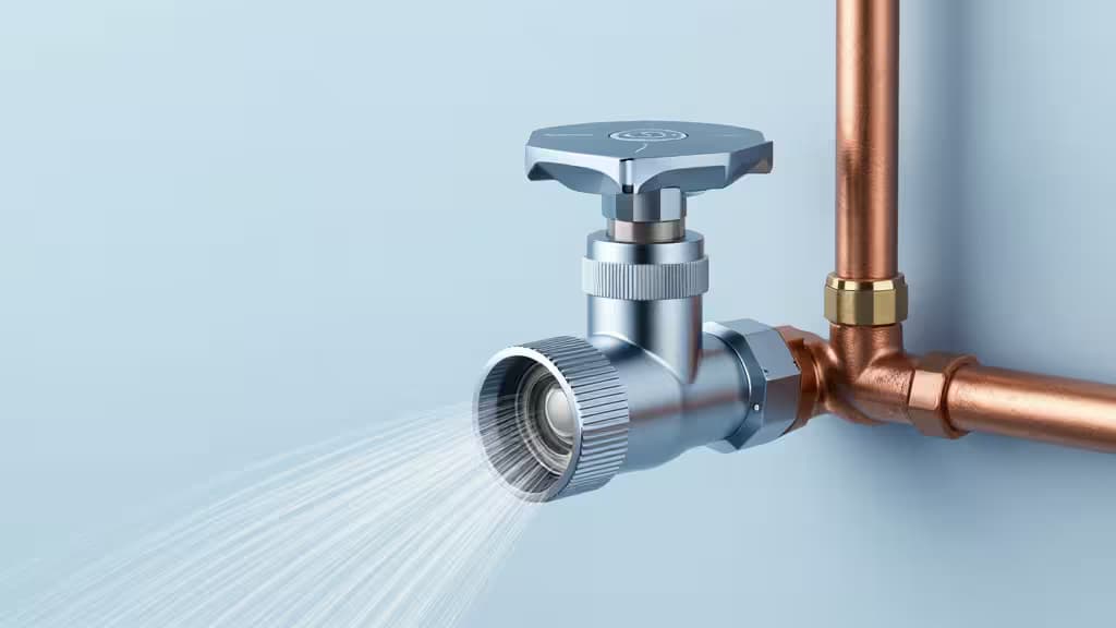 Válvula inteligente de corte de agua plateada con pantalla digital conectada a tuberías de cobre, rociando agua desde su salida abierta sobre un fondo azul claro.