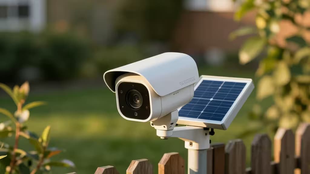 Weiße Plastik-Sicherheitskamera mit angebrachtem Solar-Panel auf einem Holzpfahl montiert.
