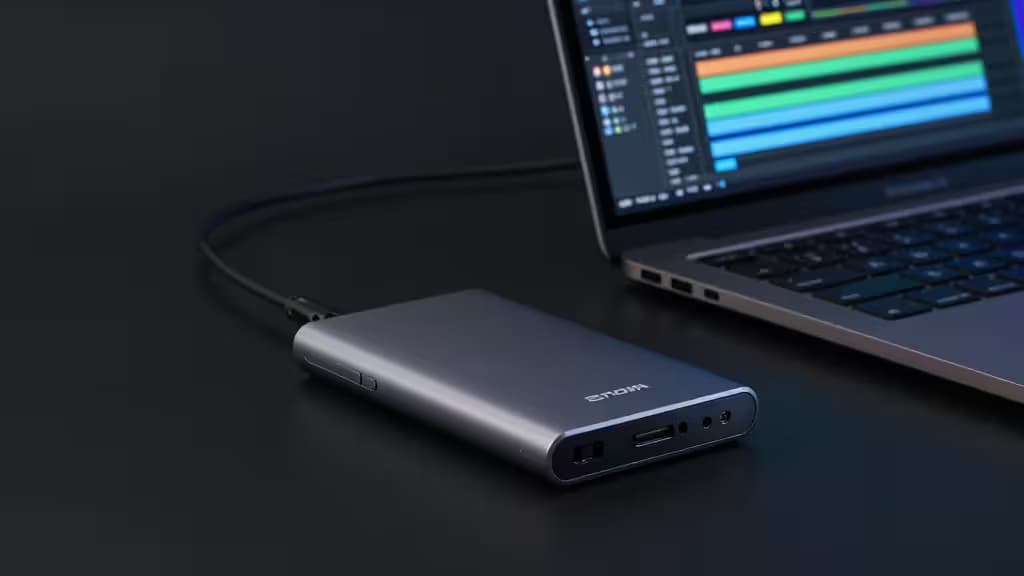 Przenośny dysk SSD na ciemnej powierzchni obok osi czasu montażu wideo na ekranie laptopa — klimatyczna fotografia produktowa