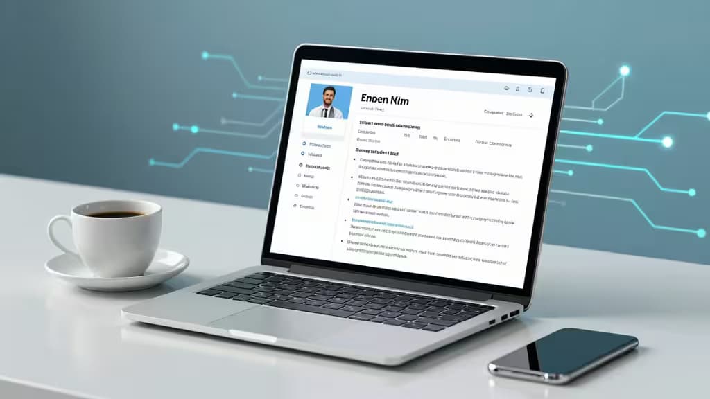 Silver laptop displays a resume on a white desk beside coffee and smartphone, against blue circuit-patterned backdrop.