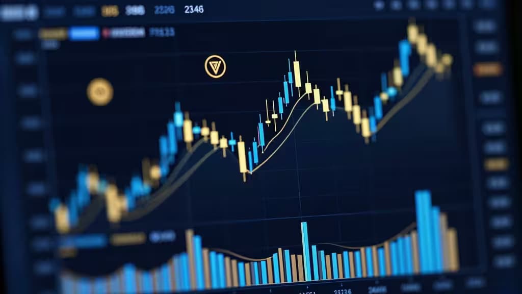 Abstract cryptocurrency trading dashboard with glowing candlestick charts and token launch icons on a dark navy background