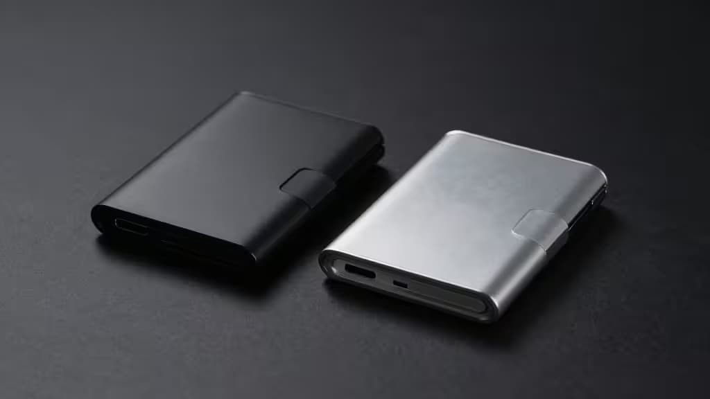Two sleek hardware wallets, one matte black and one brushed silver, rest side-by-side on a dark surface, showcasing their compact, minimalist designs for secure crypto storage.
