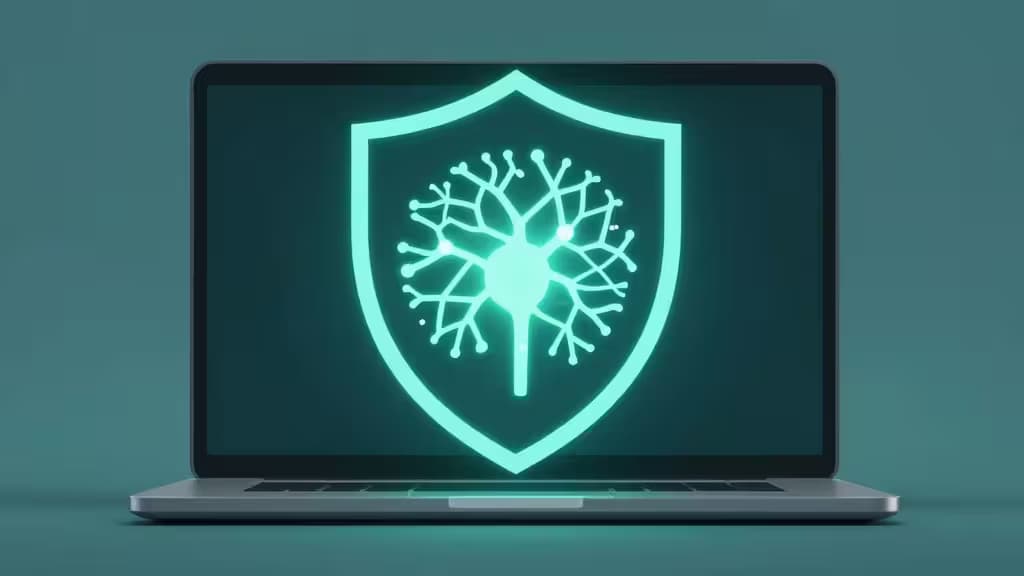Abstract shield protecting a glowing neural network inside a laptop, symbolizing offline AI privacy and data security