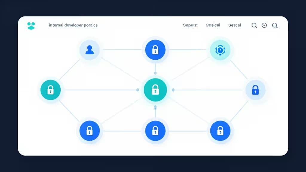 Illustration abstraite d'un portail développeur interne avec des nœuds de services interconnectés, pipelines de déploiement et icônes de gestion de secrets sur fond sombre.