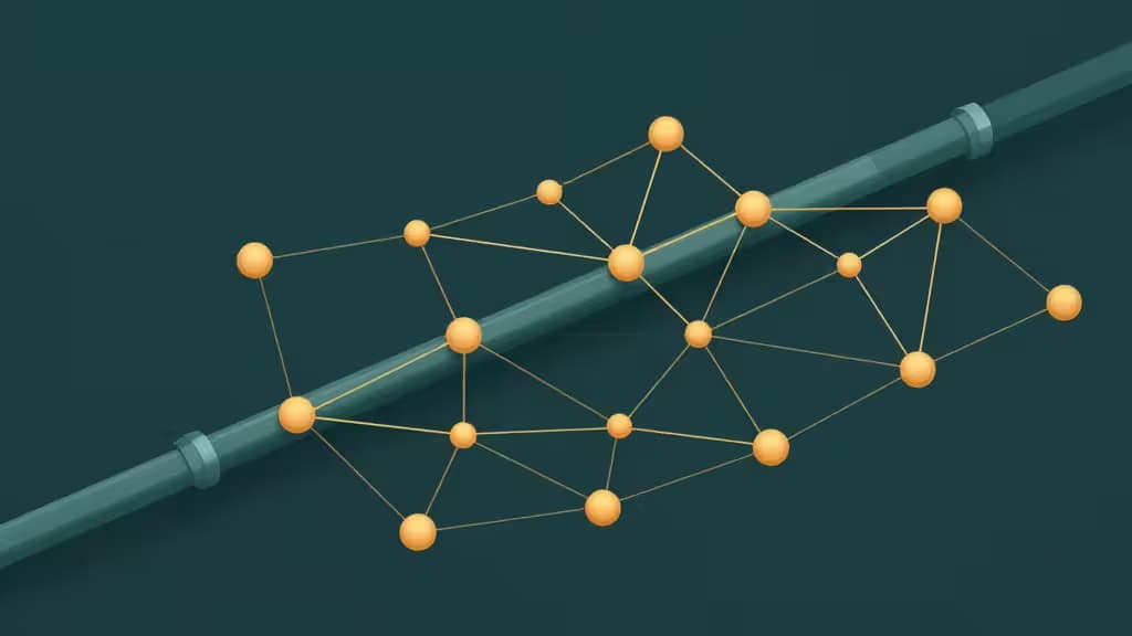 Abstracte illustratie van onderling verbonden microservices-knooppunten in een pijplijntopologie met donkerblauwe en amberkleurige accenten
