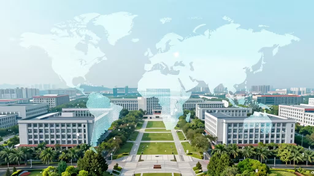 Vue aérienne d'un campus universitaire avec une carte du monde en surimpression, symbolisant les transferts d'argent internationaux pour les frais de scolarité à l'étranger.