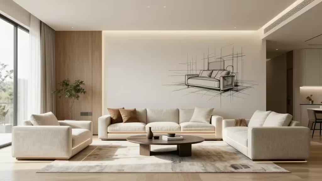 Witte modulaire banken rond een houten salontafel onder een zwarte wireframe-bankschets op een crèmekleurige muur.
