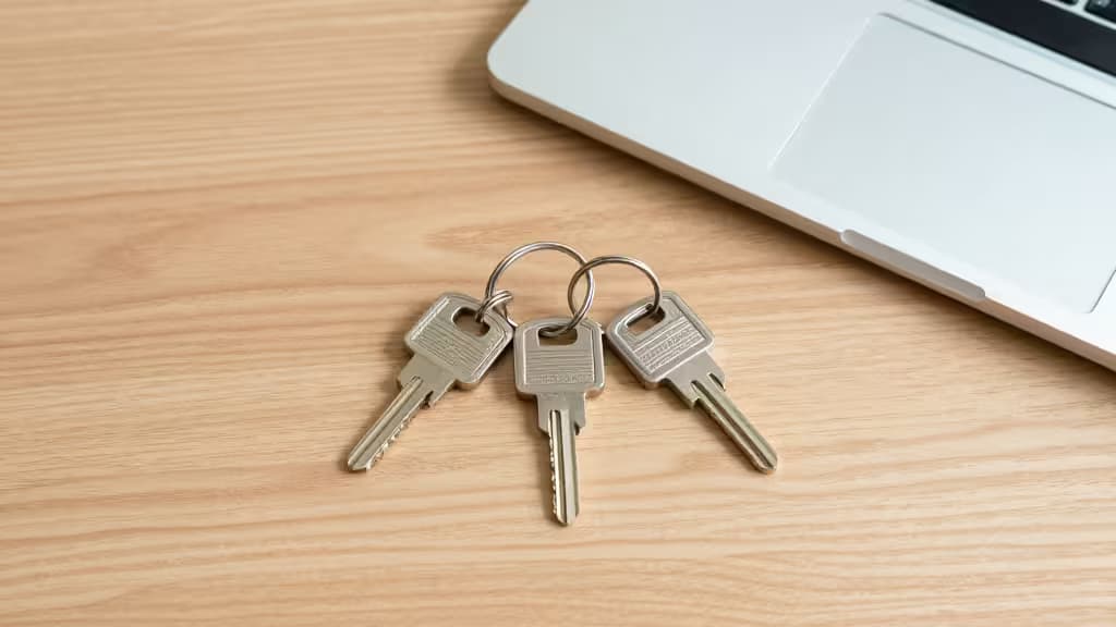 Three metallic keys rest on a wooden desk beside a white laptop, symbolizing physical security for small businesses.