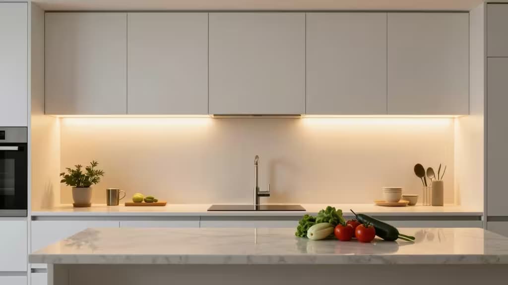 Fitas LED quentes sob armários brancos iluminam a bancada de mármore, destacando vegetais frescos e criando um ambiente acolhedor na cozinha.