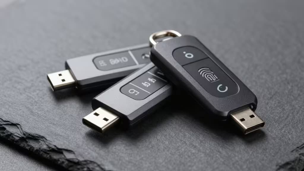Three sleek USB security keys, including Yubico and Kensington models, rest on dark slate.
