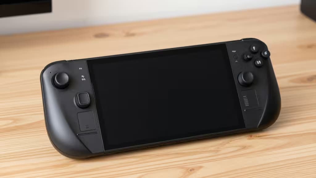 Console Steam Deck noire posée sur une surface en bois clair, écran éteint, contrôles visibles.