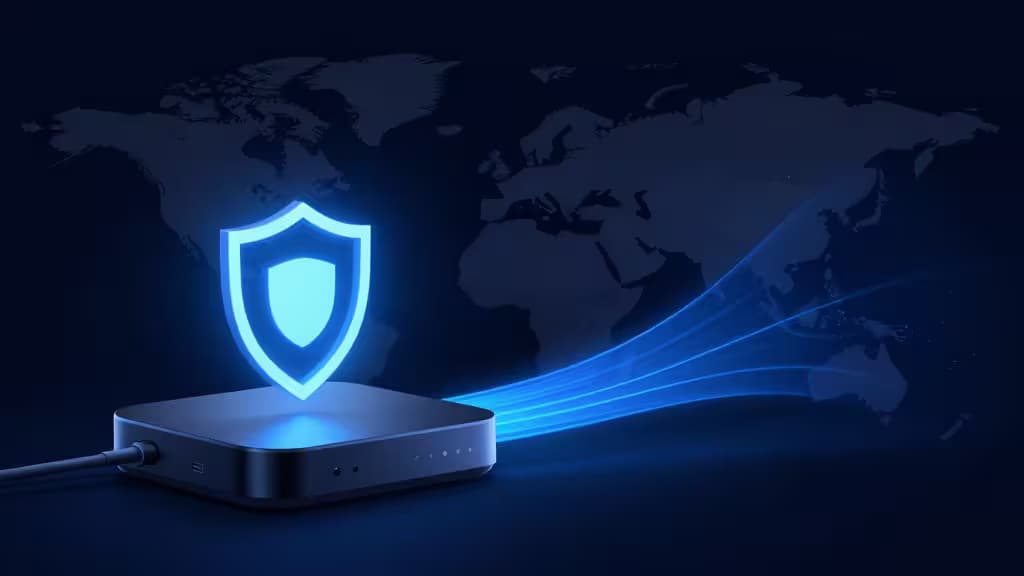 A glowing blue shield hovers above a streaming device, emitting secure data streams across a dark world map background.