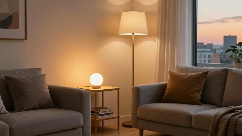Warm LED bulbs illuminate a minimalist living room with fabric sofas and wooden side tables.