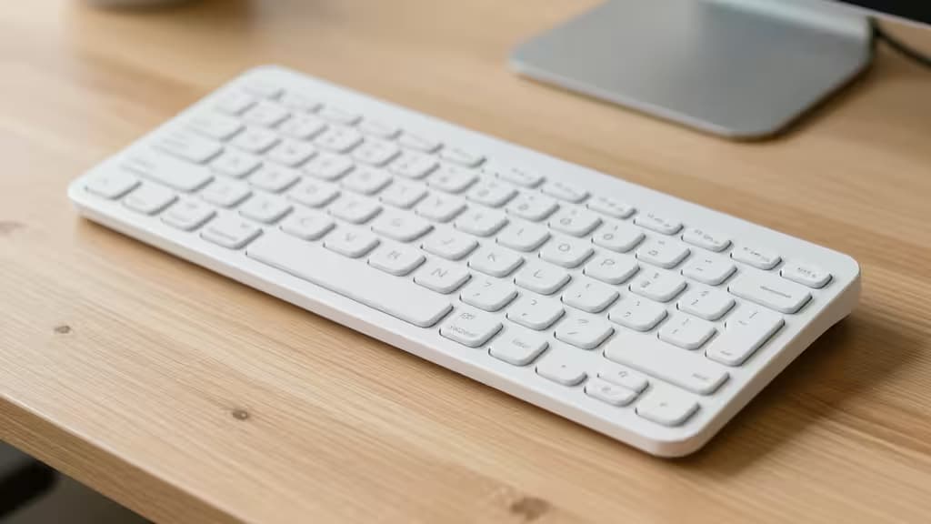 Wit Alice-layout mechanisch toetsenbord op een lichte houten bureau, licht naar de kijker toe gehoekt met een vage monitorvoet op de achtergrond.