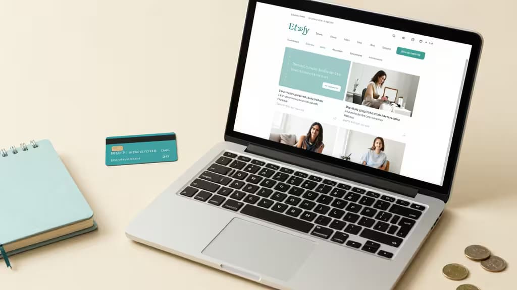 Silver laptop displays Etsy dashboard beside teal debit card and mint notebook on beige surface.