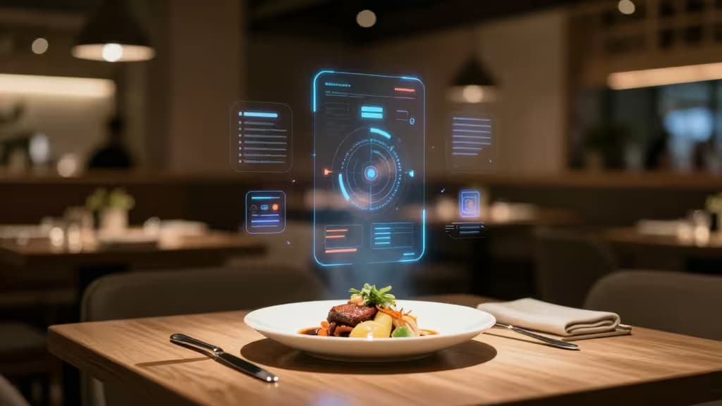 Interior de restaurante moderno com iluminação quente, mesa posta com prato elegantemente servido e elementos de interface de inteligência artificial sobrepostos