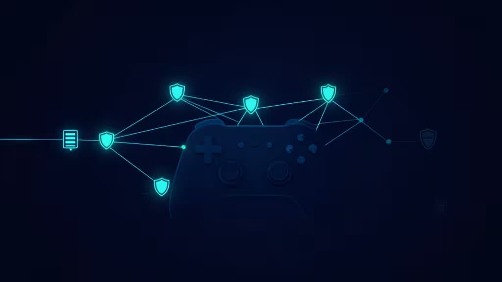 Abstract illustration of a gaming controller connected to a glowing network of server nodes and shield icons on a dark navy background with electric blue accents.