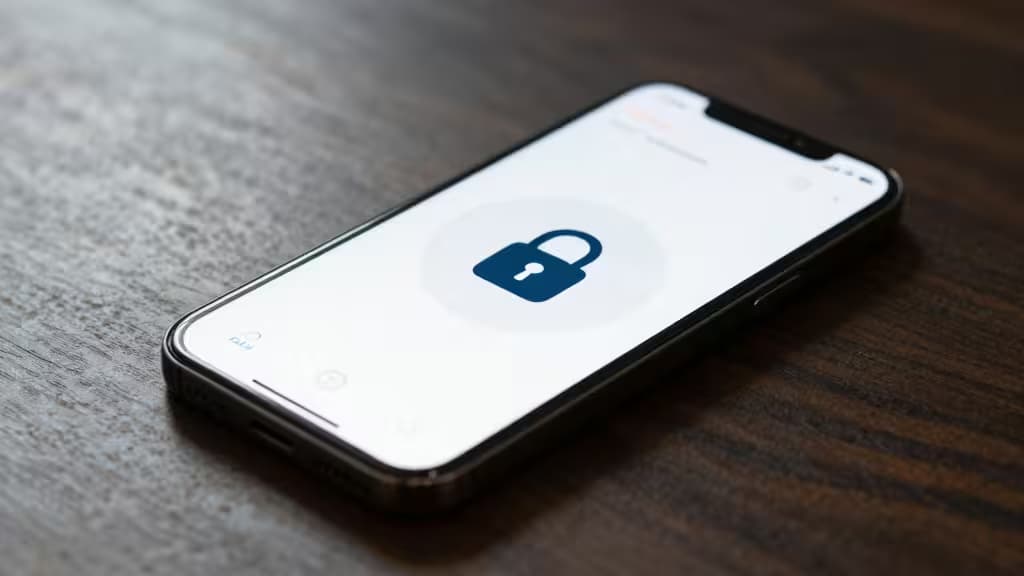 An iPhone displaying a password manager app with a lock icon rests on a dark wooden desk.