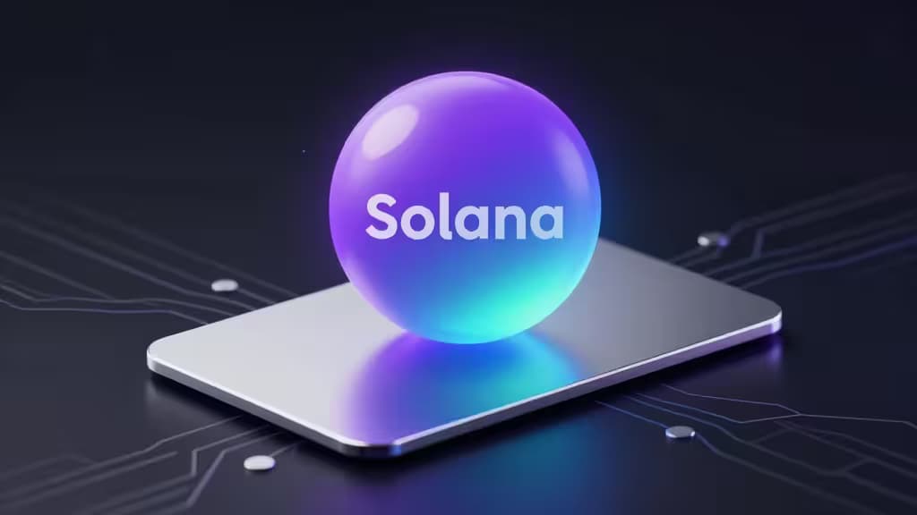 Esfera brilhante em tons de roxo e verde-azulado sobre um cartão metálico, com padrões de circuito geométricos ao fundo, representando o staking de Solana