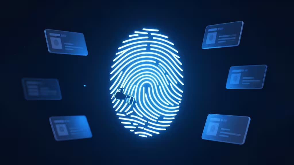 Abstract digital security illustration: a glowing key transforming into a fingerprint pattern, surrounded by floating encrypted credential cards in deep navy and electric blue tones.