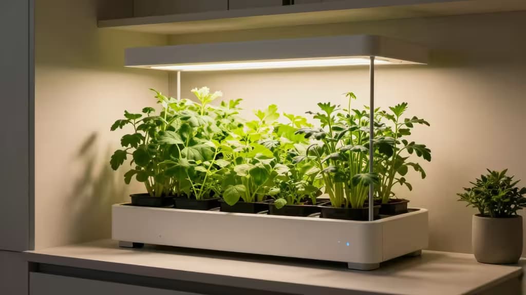 White rectangular hydroponic unit with LED light illuminates lush green herbs in black pots on a kitchen counter.