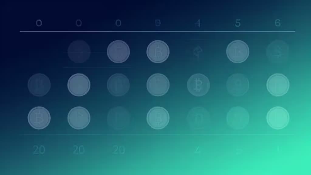 Faded Bitcoin coins align in a grid beneath a timeline, symbolizing steady, recurring crypto investments.