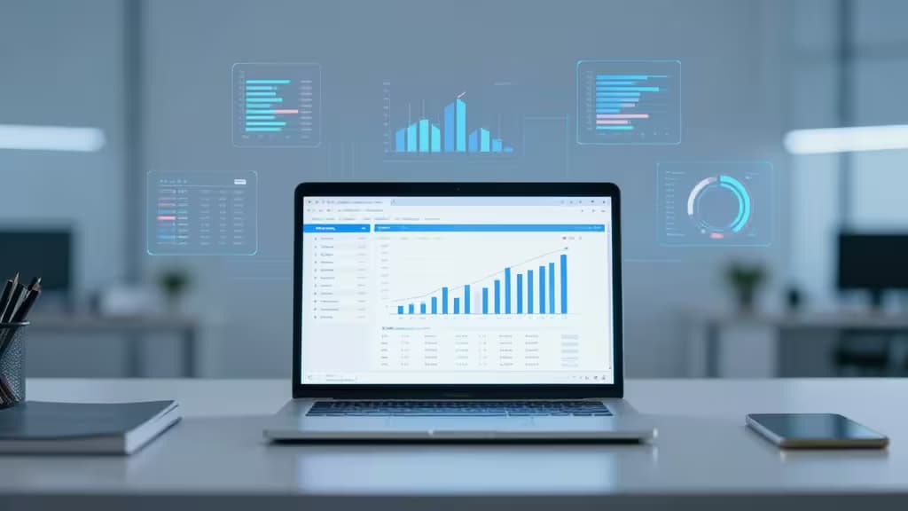 Laptop displays financial charts, surrounded by floating data visualizations in a modern office setting.