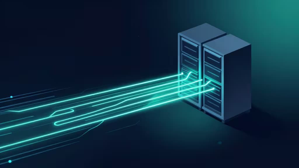 Glowing cyan data streams flow into two server racks against a dark gradient background, symbolizing decentralized log infrastructure.
