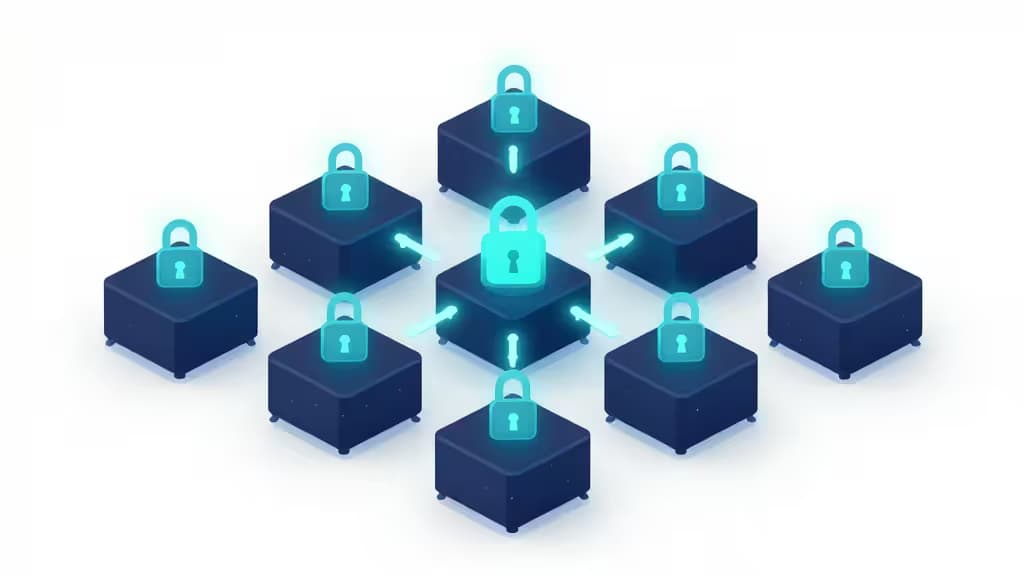 Isometric blue server blocks with glowing cyan padlocks, symbolizing secure, budget-friendly Kubernetes secrets management.