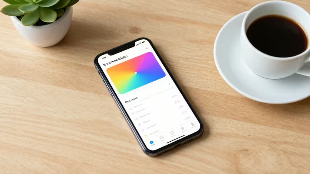 Smartphone displays colorful budgeting app interface on wooden table beside coffee cup and succulent.