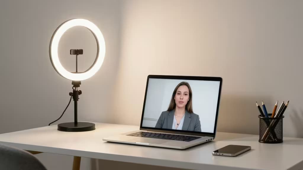 Een gloeiende ring light verlicht een laptop met een videocall op een wit bureau, naast een telefoon en een pennenhouder.