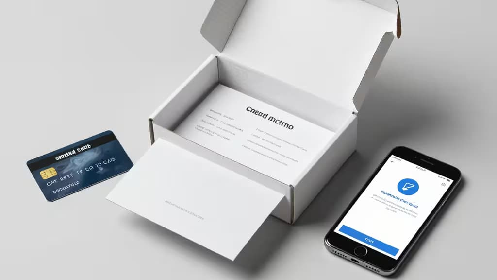 Caixa branca aberta revela cartão personalizado, fatura e smartphone exibindo tela de pagamento.