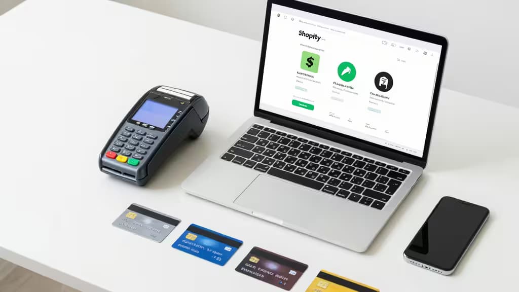 Un bureau blanc avec un ordinateur portable, un terminal de paiement et quatre cartes de crédit, illustrant les outils du dropshipping.