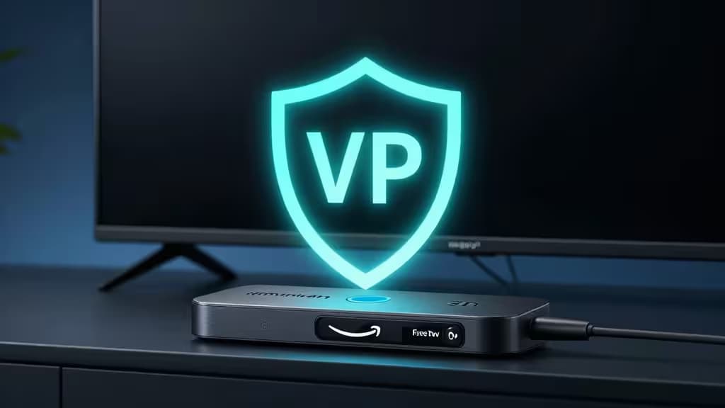 Ein leuchtender cyanfarbener VPN-Schild schwebt über einem schwarzen Fire TV Stick auf einer dunklen Oberfläche, im Hintergrund ein Fernseher.
