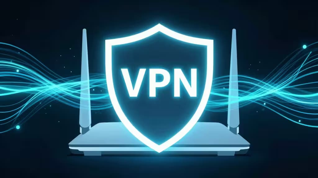 Glowing blue VPN shield hovers above a sleek router, flanked by flowing data streams against a dark background.
