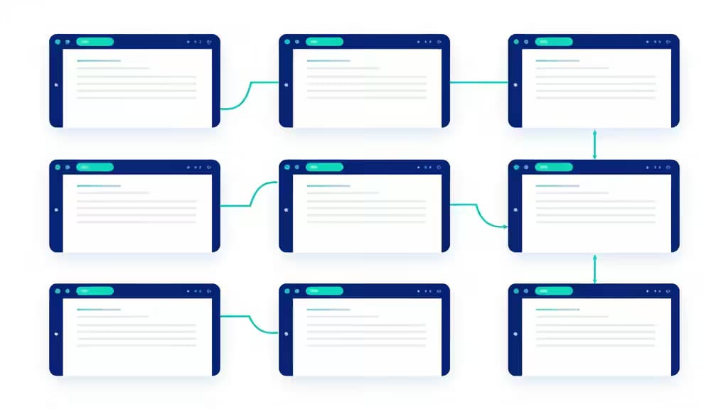 Neuf fenêtres de navigateur bleues reliées par des lignes turquoise, illustrant les workflows de test E2E automatisés en grille.