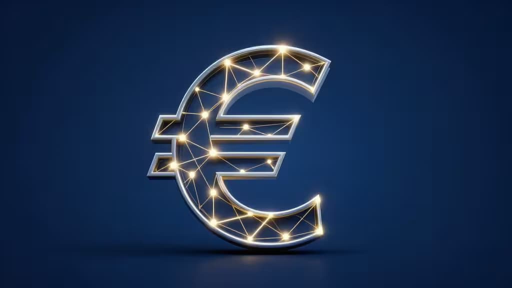 Een glinsterend zilveren euroteken, ingebed met lichtgevende blockchain-nodes en verbindingslijnen, zweeft tegen een diepblauwe achtergrond.