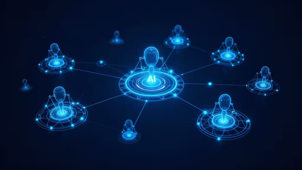 Glowing blue holographic AI agent nodes connect via luminous lines on dark backgrounds, illustrating automated business workflow orchestration.