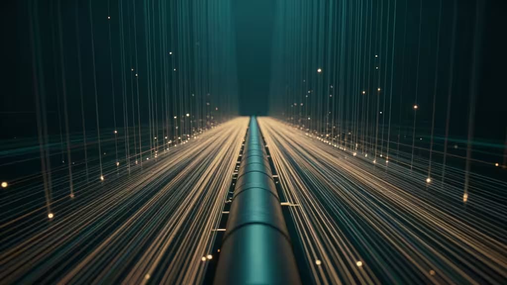 Abstracte visualisatie van data streaming met lichtstromen die door een centrale pijplijn convergeren in donkerblauwe en amber tinten.