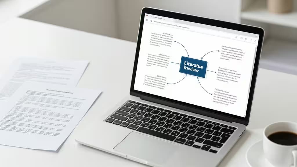 Laptop displays literature review mind map beside printed papers and coffee cup.