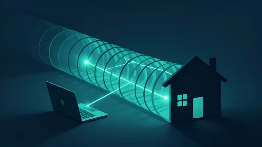 A laptop connects to a home via a glowing, secure digital tunnel representing a self-hosted VPN for remote network access.