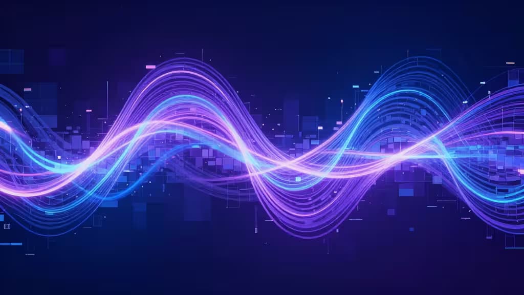 Ilustración abstracta de una imagen de baja resolución transformándose en alta resolución mediante ondas de mejora con IA, sobre fondo degradado azul y violeta.