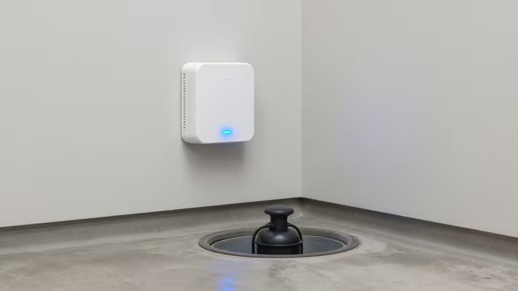 White plastic smart monitor with blue LED light mounted above black sump pump in concrete basement corner.