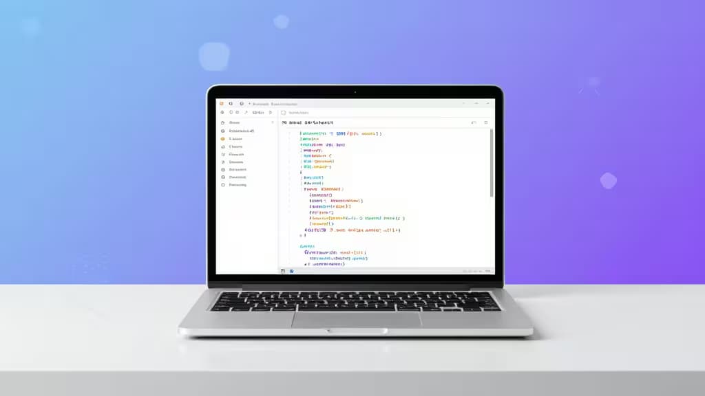 Silver laptop displays colorful API code on screen against gradient blue-purple background.
