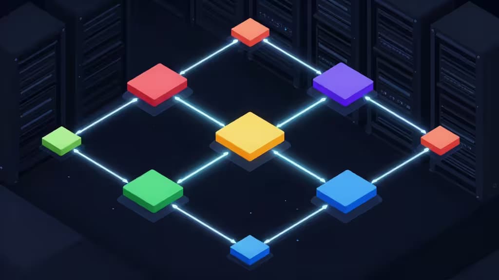 Colorful isometric workflow nodes connect via glowing lines across dark server racks.