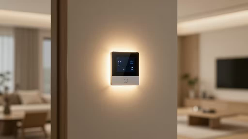 Un thermostat connecté élégant avec un rétroéclairage lumineux monté sur un mur beige, dans un salon moderne légèrement flou en arrière-plan.