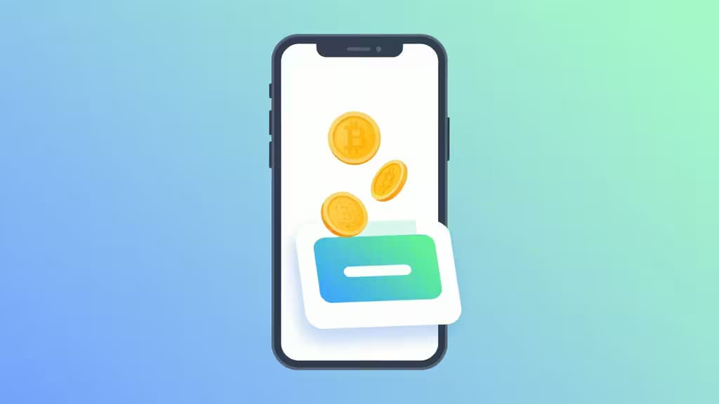 Um smartphone exibe moedas de Bitcoin douradas caindo sobre um cartão Google Pay em tons de azul e verde contra um fundo em gradiente.