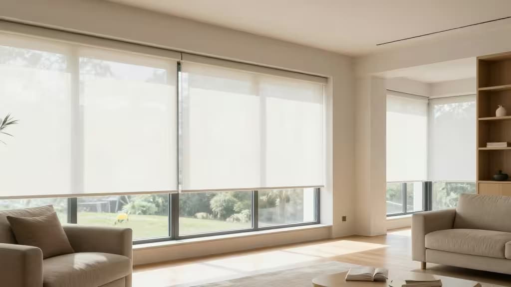 Stores blancs intelligents filtrant la lumière naturelle dans un salon minimaliste avec canapés beiges.