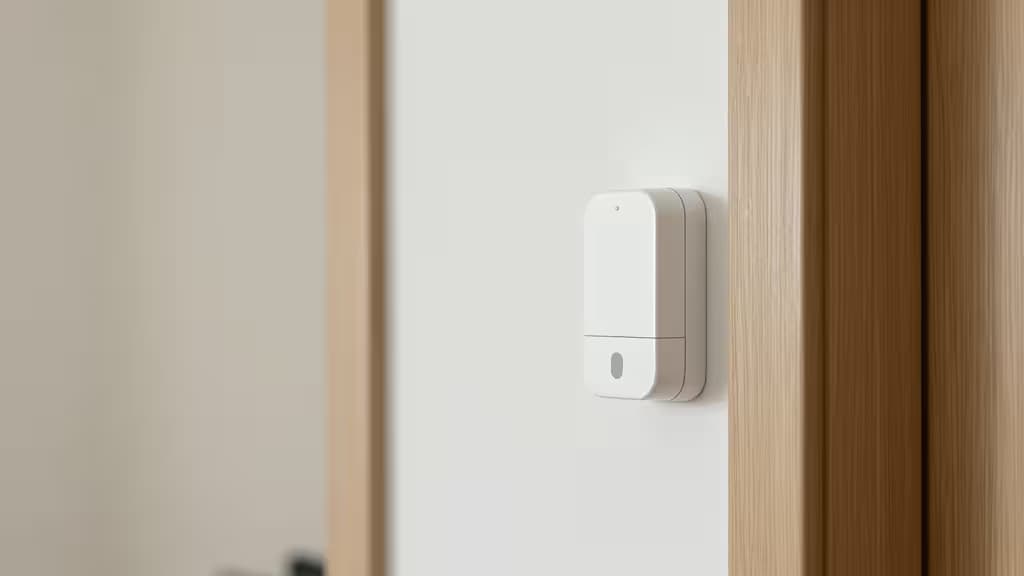 A sleek white smart doorbell with no camera, mounted on a minimalist wooden door frame.